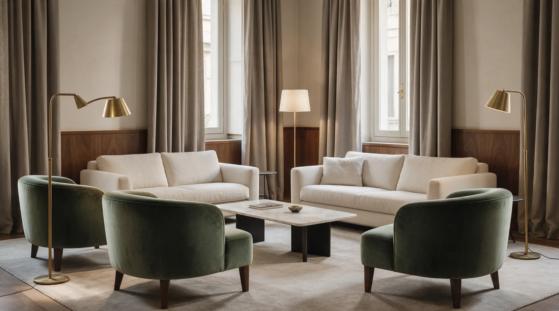 Sala di un hotel con poltrone in velluto verde e divani chiari